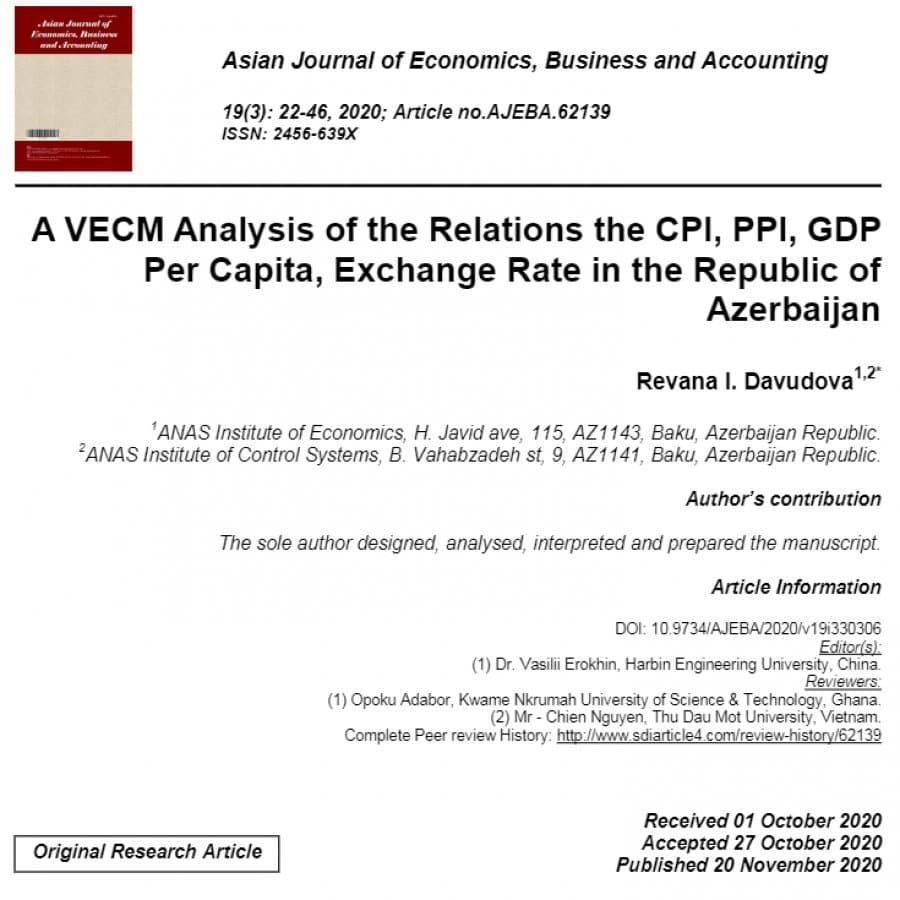 Dosent  Rəvanə Davudovanın məqaləsi “Asian Journal of Economics, Business and Accounting” jurnalında çap olunub 1